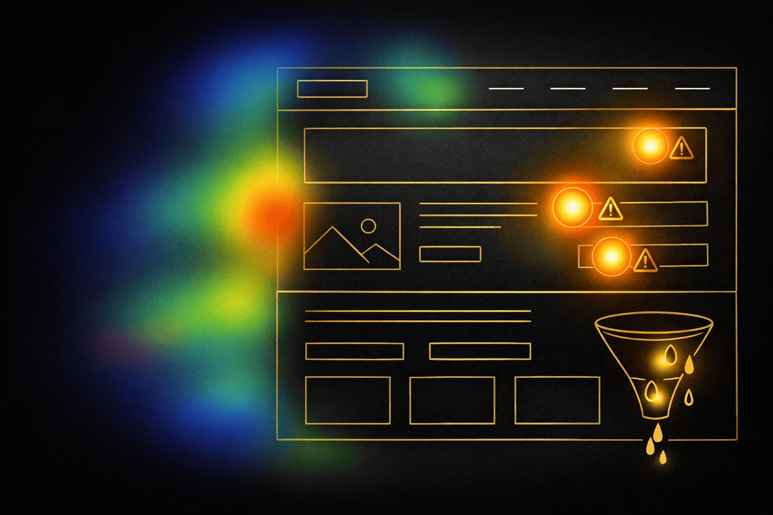 Website-Wireframe mit markierten Conversion-Leaks und Warnsymbolen in Gold auf schwarzem Hintergrund
