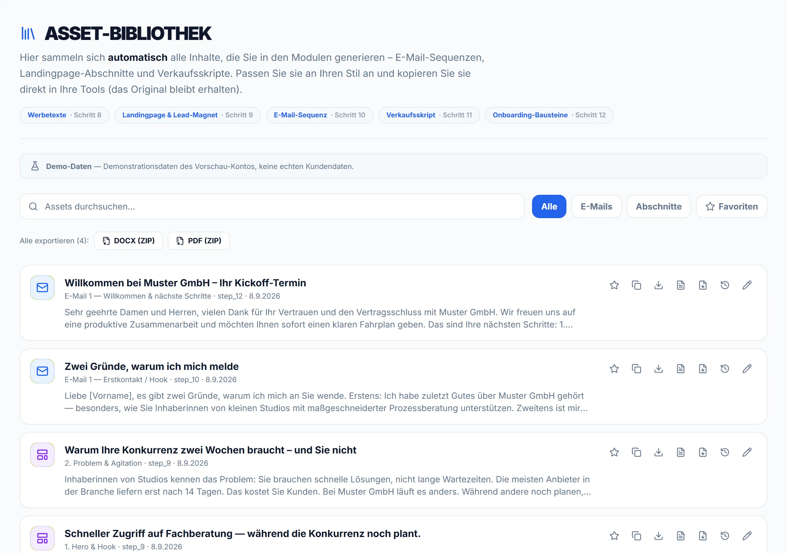 Asset-Bibliothek mit generierten E-Mails und Landingpage-Abschnitten und Export als DOCX und PDF, Demo-Daten
